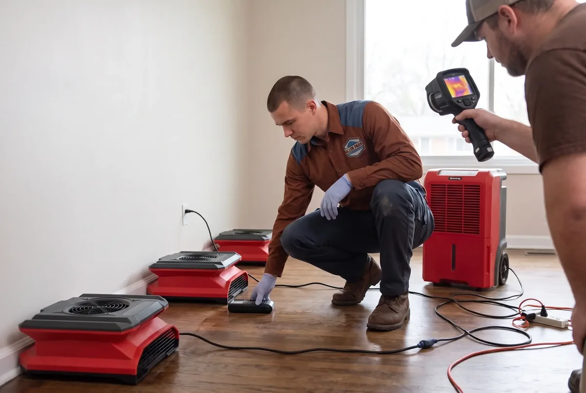 Technician placing a moisture meter on a wet hardwood floor beside air movers